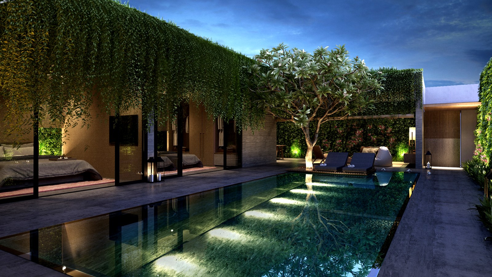 Patio interior de hotel con piscina y tumbonas de exterior bajo la iluminación del atardecer, mobiliario contract de fábrica china