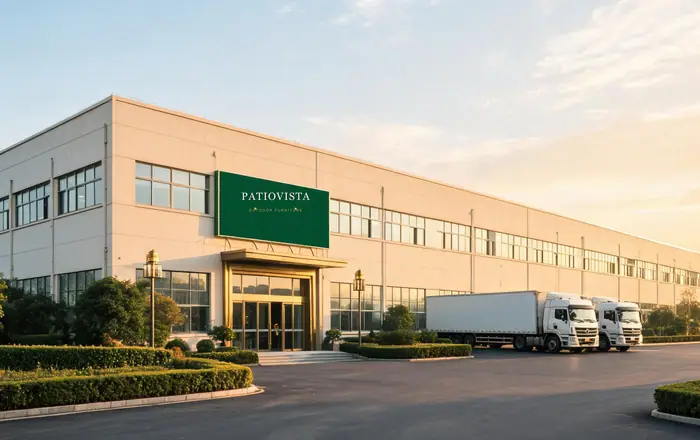 PATIOVISTA outdoor furniture factory exterior with export trucks