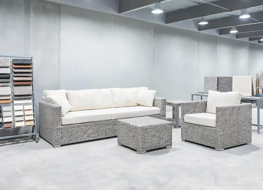 Ensuring consistent finish and reorder matching in SOLAIREVA’s hospitality-grade PE Rattan sample room.