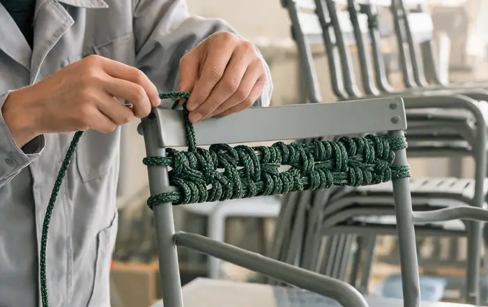 Worker hand-weaving outdoor rope chair in the PATIOVISTA factory