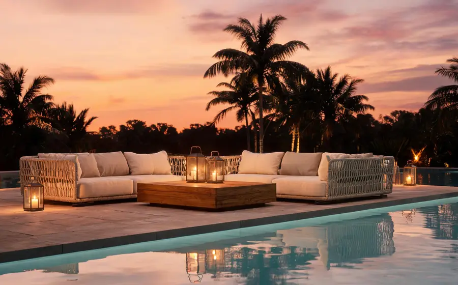 Evening resort lounge with modular outdoor sofas
