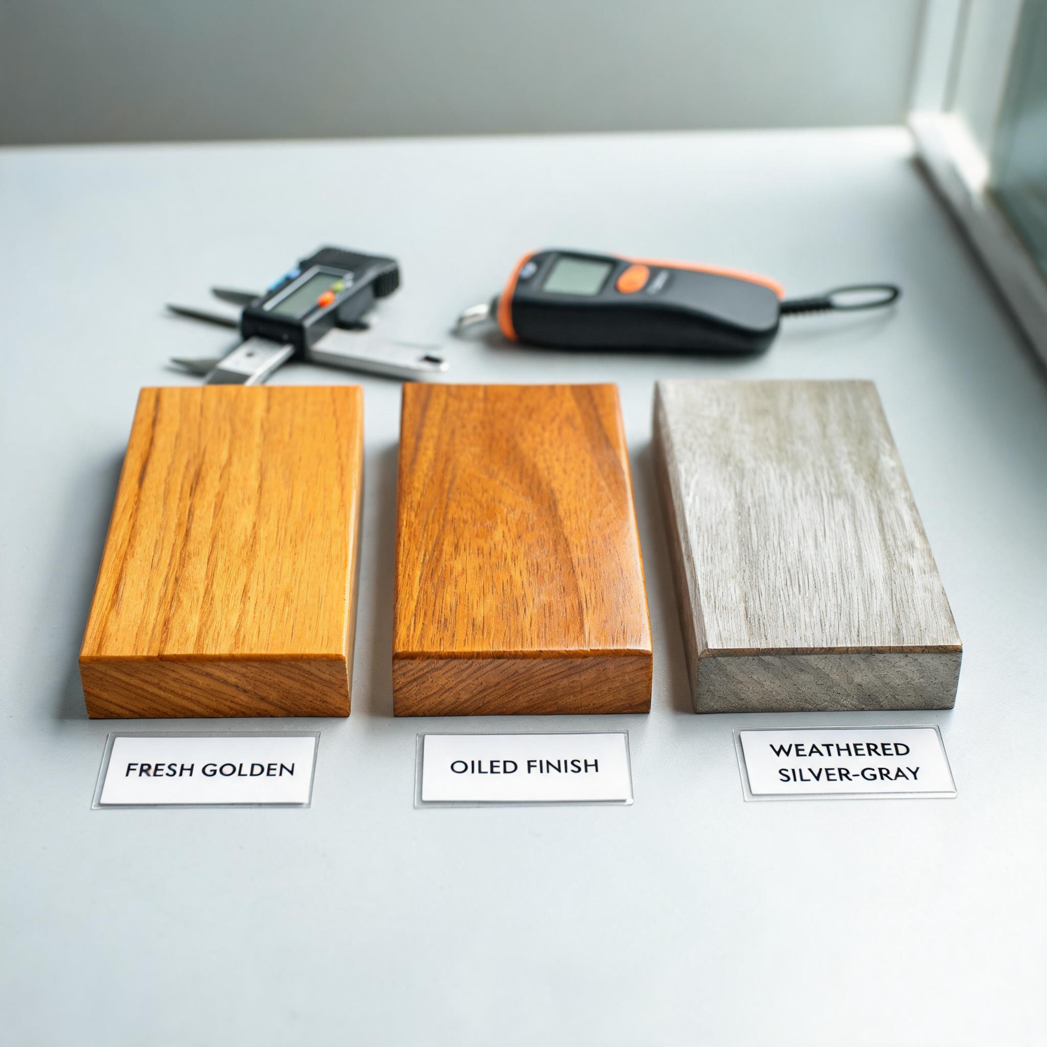 Sample panel showing natural teak wood aging and weathering characteristics.