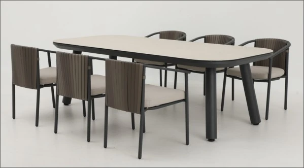 SV-S0121 Rounded Dining Table with Wraparound Chairs — Rounded rectangular table option